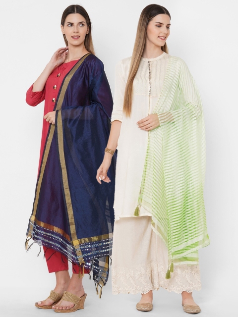 

Get Wrapped Combo Pack of 2 Polyester Gold Border & Textured Shaded Dupatta, Blue