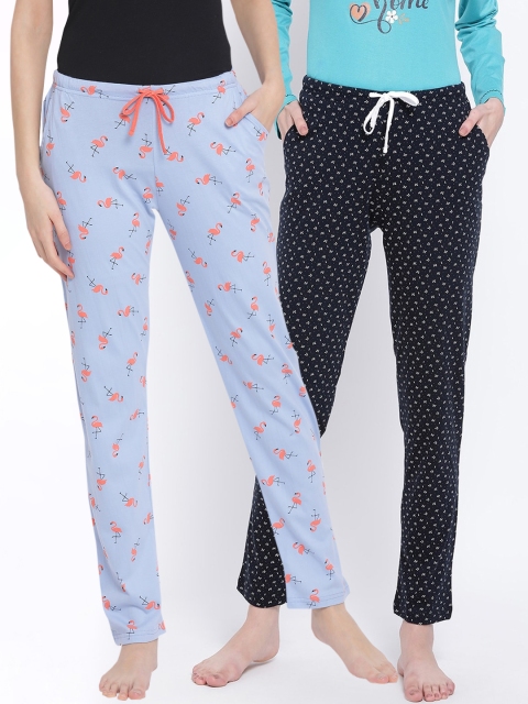 

Kanvin Women Pack of 2 Printed Pure Cotton Lounge Pants, Blue