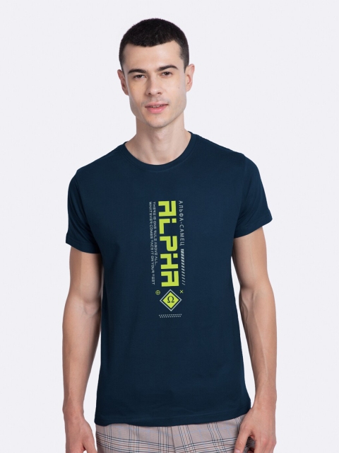 

Bewakoof Men Navy Blue & Fluorescent Green Printed Round Neck T-shirt