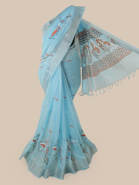 

Pothys Blue & Orange Cotton Blend Woven Design Chanderi Saree