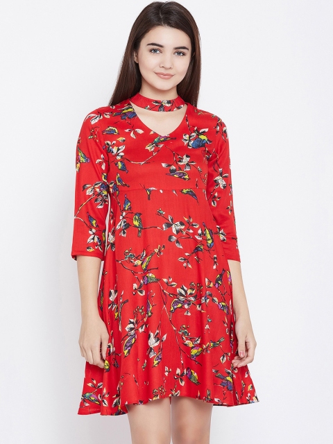 

PANIT Red & Blue Kalamkari Floral Print Choker Neck Empire Dress
