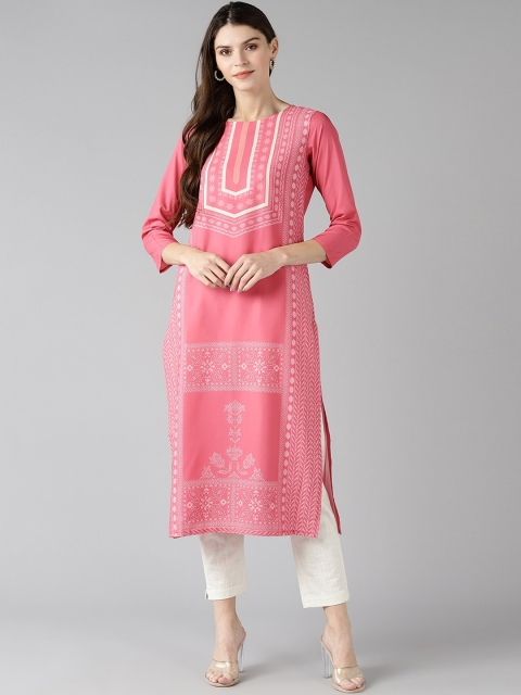

AHIKA Women Pink & White Geometric Printed Kurta