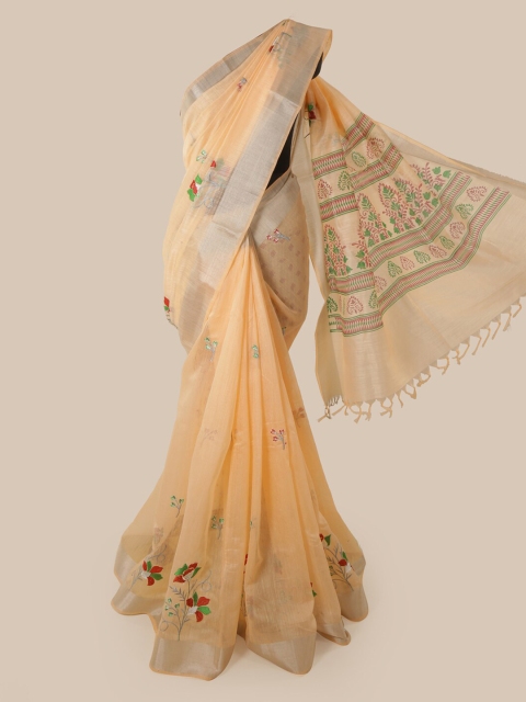 

Pothys Orange Cotton Blend Embroidered Chanderi Saree
