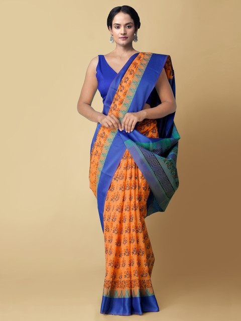 

Unnati Silks Orange & Blue Silk Cotton Printed Chanderi Saree