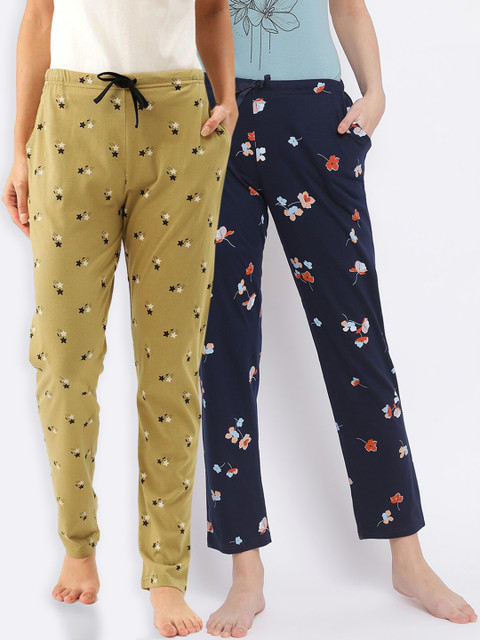 

Kanvin Women Pack Of 2 Printed 100% Cotton Lounge Pants, Navy blue