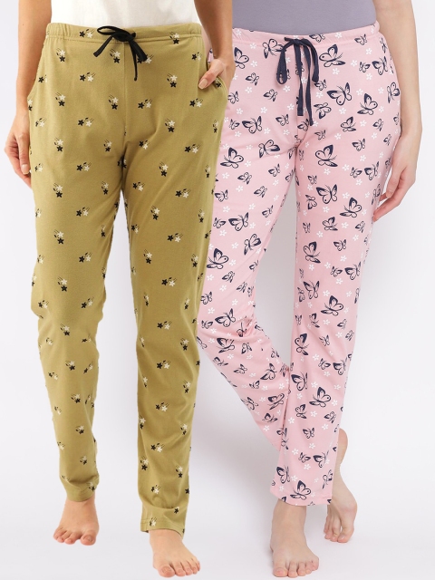 

Kanvin Women Pack of 2 Printed Pure Cotton Lounge Pants, Pink