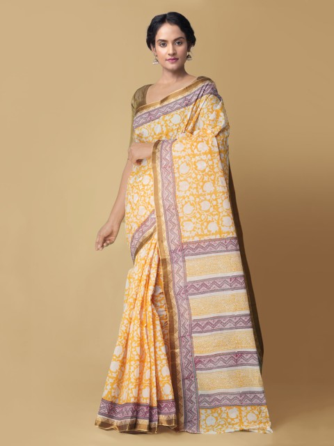 

Unnati Silks Orange Pure Cotton Printed Dabu Saree