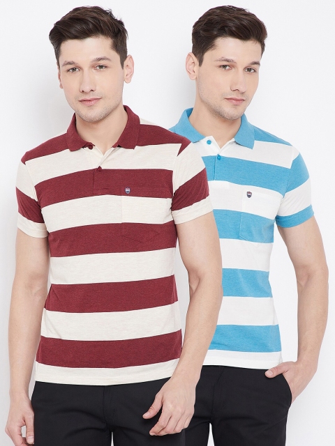 

Duke Men Pack of 2 Striped Cotton Polo Collar T-shirt, Burgundy