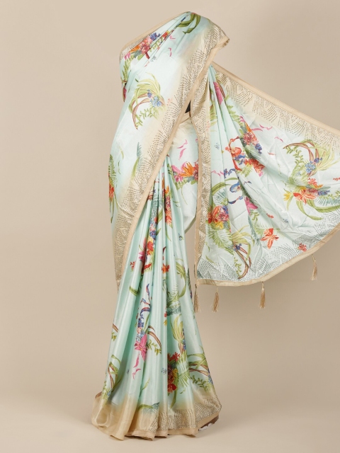 Pothys Blue & Orange Satin Printed Saree