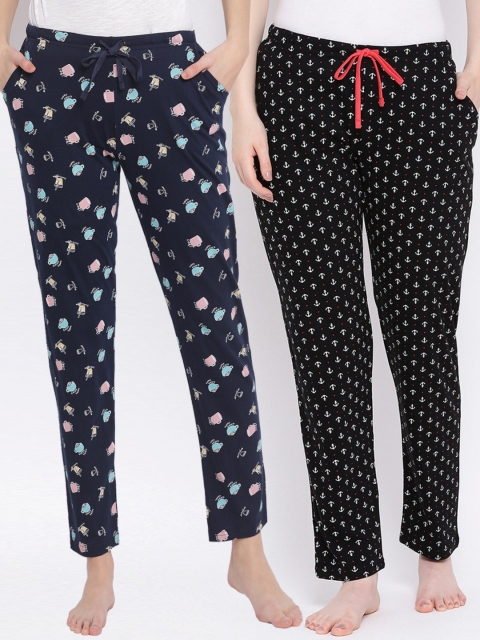 

Kanvin Women Pack Of 2 Printed Pure Cotton Lounge Pants, Navy blue