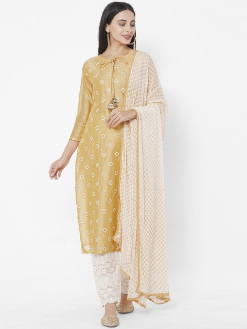 FASHOR Women Mustard Yellow & Off White Embroidered Straight Chanderi Silk Kurta Set