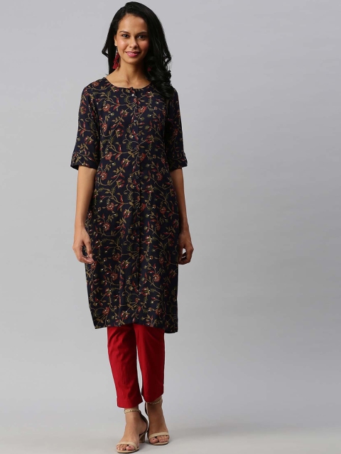 

Soch Women Navy Blue & Green Floral Printed Floral Cotton Kurta