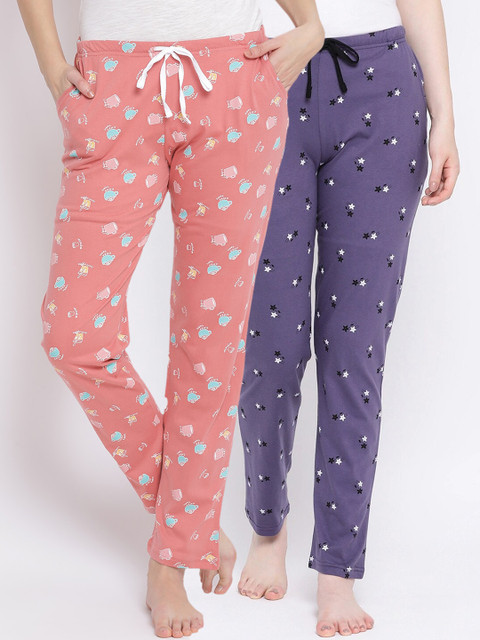 

Kanvin Women Pack Of 2 Printed Pure Cotton Lounge Pants, Coral