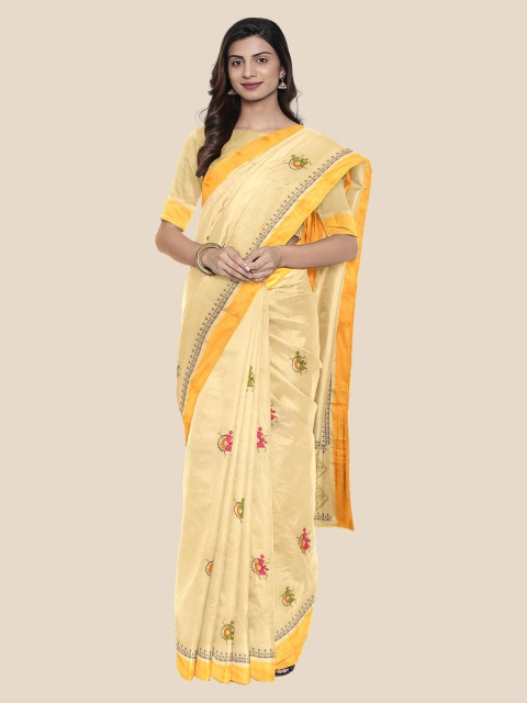

Kalamandir Cream-Coloured & Yellow Silk Cotton Woven Design Saree