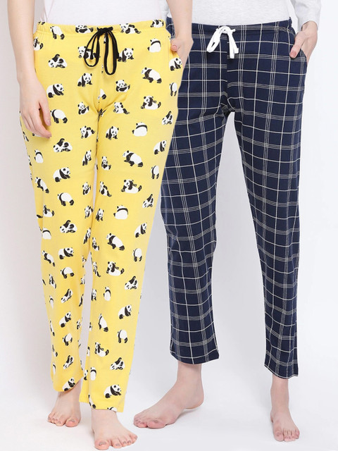 

Kanvin Women Pack of 2 Printed Pure Cotton Lounge Pants, Navy blue