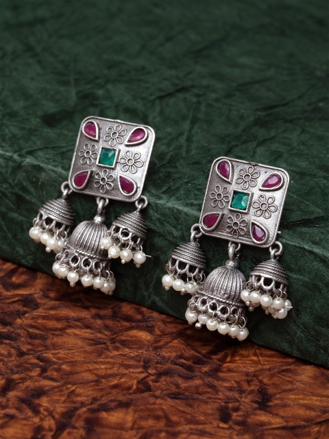 

PANASH Silver-Plated Oxidized Contemporary Jhumkas