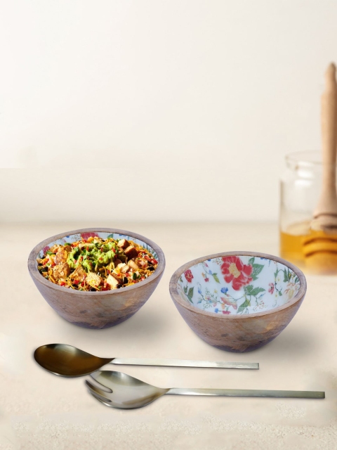 

nestroots Set Of 2 White & Gold-Toned Decaling Printed Handcrafted Bowls & Servers