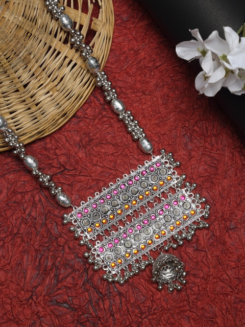 

NEUDIS Silver-Toned & Pink Rhodium-Plated Oxidised Necklace