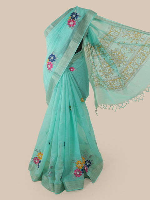 

Pothys Sea Green Cotton Blend Embroidered Chanderi Saree