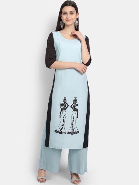 

Ethnic basket Women Blue Printed Flared Sleeves Crepe Kurta