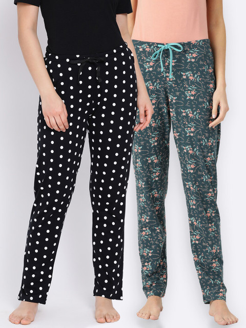 

Kanvin Women Pack of 2 Printed Pure Cotton Lounge Pants, Black