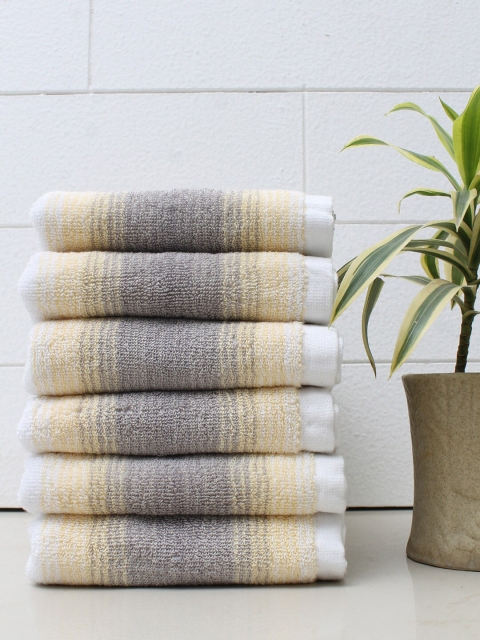 

AVI Living Unisex Set Of 6 White & Yellow Striped 600 GSM Cotton Hand Towels