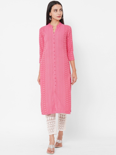 

FASHOR Women Pink Floral Embroidered Thread Work Kurta