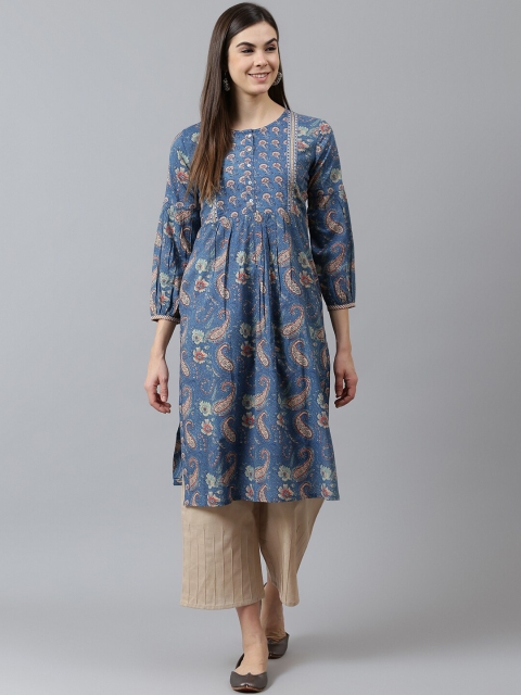 

QOMN Women Blue & Grey Printed Straight Kurta