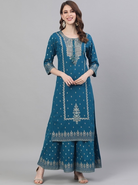 

Ishin DESIGNER STUDIO Women Teal Blue Printed Pure Cotton Kurta & Palazzo Set