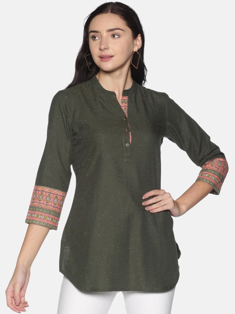 

Saffron Threads Women Green & Peach-Coloured Mandarin Collar Tunic