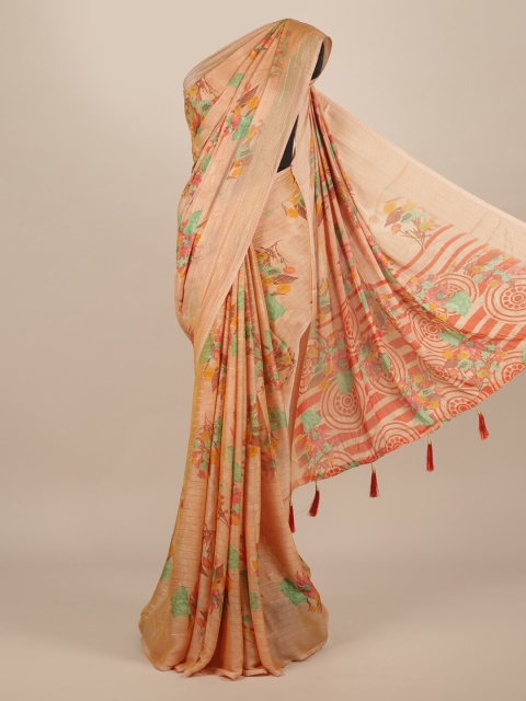 

Pothys Peach-Coloured & Green Poly Chiffon Floral Printed Saree