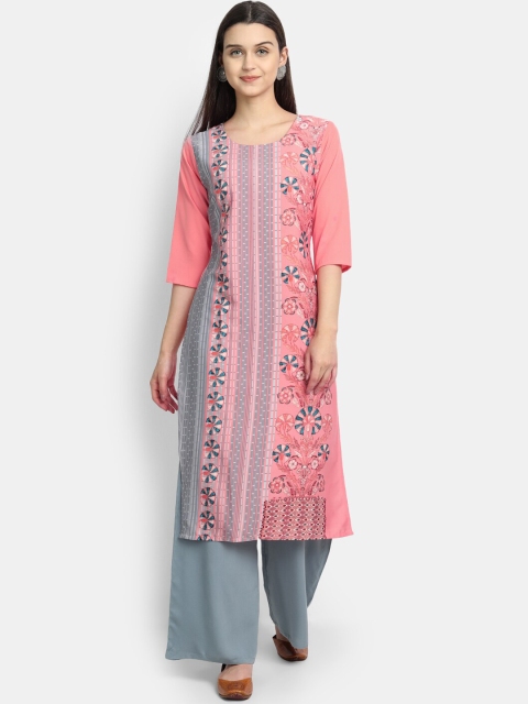 

Ethnic basket Women Pink & Grey Printed Straight Kurta