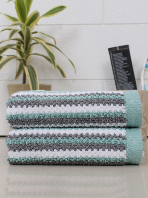 

AVI Living Pack Of 2 Sea-Green & White Striped 550GSM Cotton Hand Towels