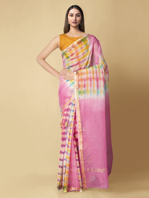 

Unnati Silks Pink & Golden Pure Cotton Dyed Kota Saree