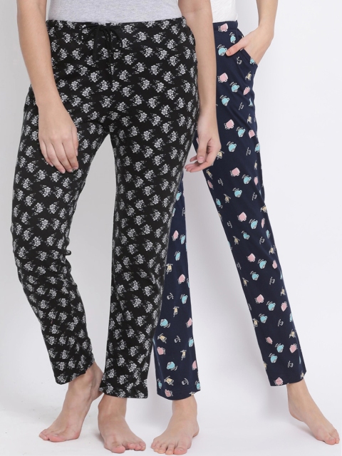 

Kanvin Women Pack Of 2 Printed Pure Cotton Lounge Pants, Navy blue
