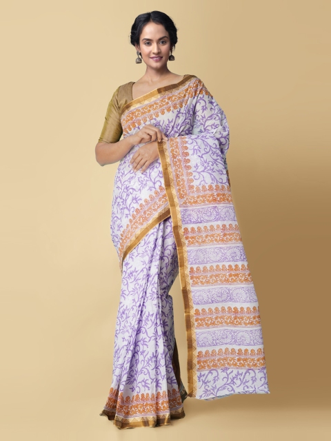 

Unnati Silks Cream-Coloured & Purple Pure Cotton Printed Handloom Dabu Sustainable Saree