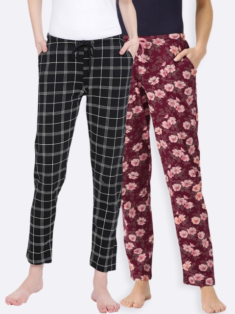 

Kanvin Women Pack of 2 Printed Pure Cotton Lounge Pants, Black