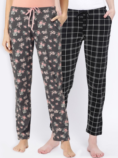 

Kanvin Women Pack of 2 Printed Pure Cotton Lounge Pants, Black