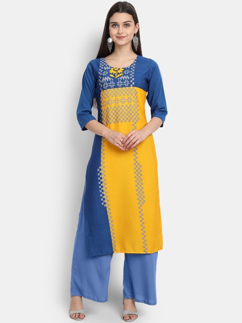 

Ethnic basket Women Yellow Geometric Embroidered Thread Work Crepe Kurta