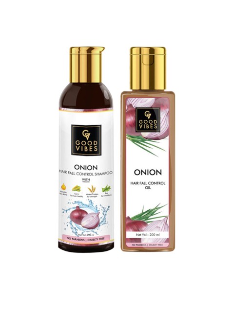 

Good Vibes Onion Hairfall Control Combo of 2 - Shampoo & Hair Oil Combo - 200 ml each, Transparent