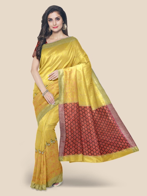 

Kalamandir Mustard Yellow & Maroon Linen Blend Woven Design Venkatgiri Saree