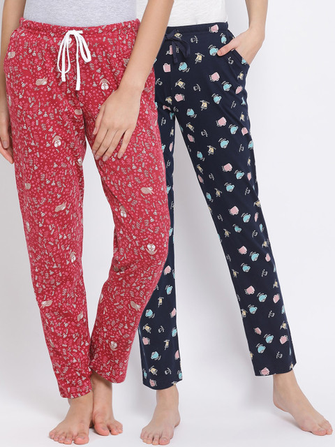

Kanvin Women Pack of 2 Printed Pure Cotton Lounge Pants, Navy blue