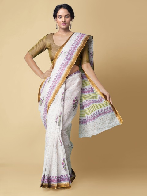 

Unnati Silks Off-White & Yellow Pure Cotton Hand Block Printed Handloom Dabu Sustainable Saree