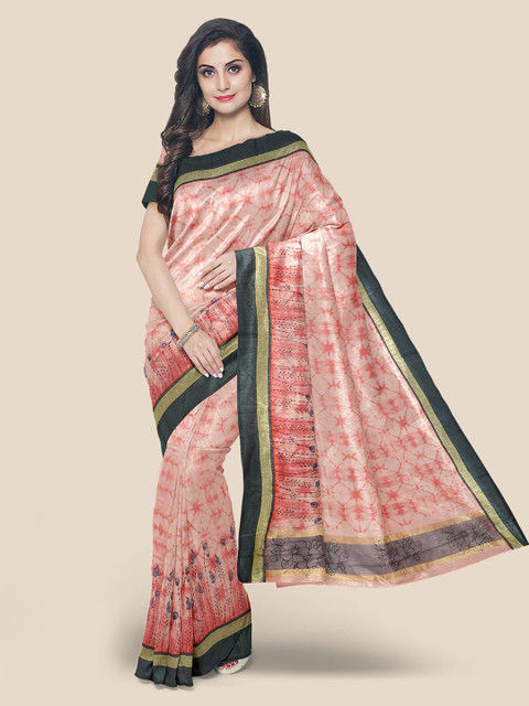 

Kalamandir Peach-Coloured & Green Silk Blend Printed Saree