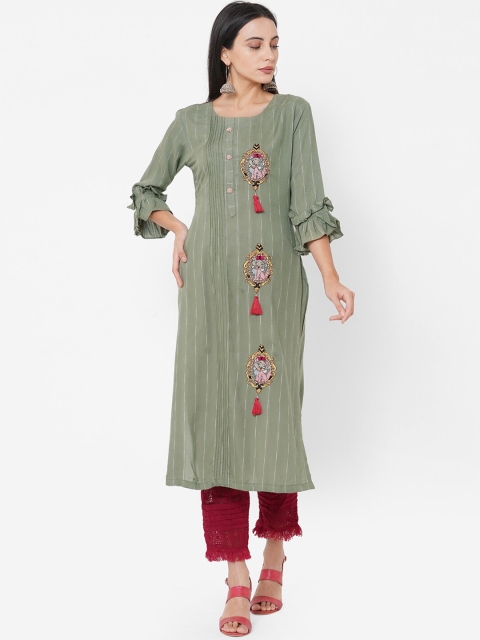 

FASHOR Women Olive Green Hand Embroidered & Striped Kurta