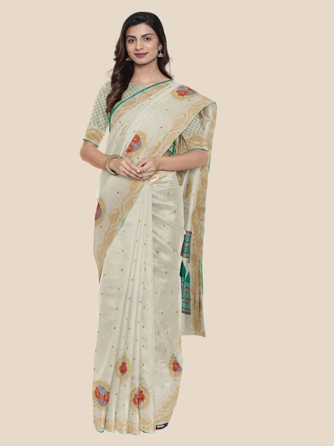 

Kalamandir Cream-Coloured & Orange Silk Cotton Printed Saree