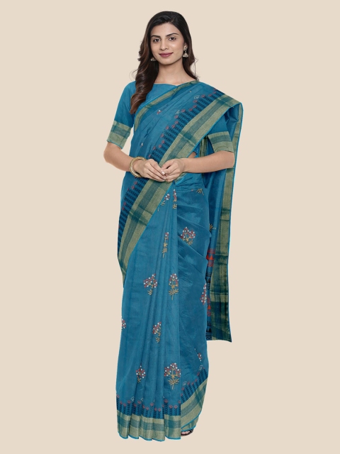 Kalamandir Blue & White Silk Cotton Embroidered Saree
