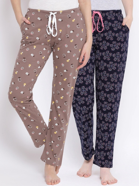 

Kanvin Women Pack Of 2 Printed Pure Cotton Lounge Pants, Brown