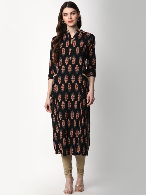 

mokshi Women Black & Cream-Coloured Floral Printed Cotton Kurta