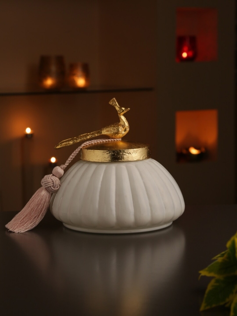

Amoliconcepts White & Gold-Toned Decorative Jar With Peacock Knob Lid